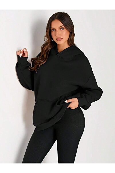 LUMİZA Kadın & Erkek Unisex Düz Basic Oversize Kapüşonlu Sweatshirt - Günlük Spor Ev Giyimi