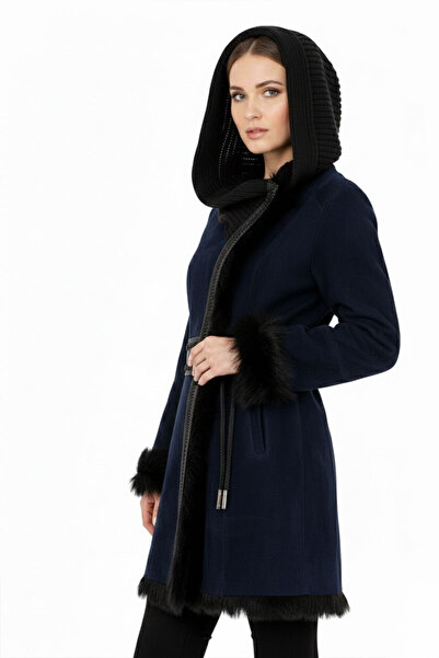 Deriderim Lacivert Seline Triko Kapüşonlu Hakiki Deri Kürk Kaban