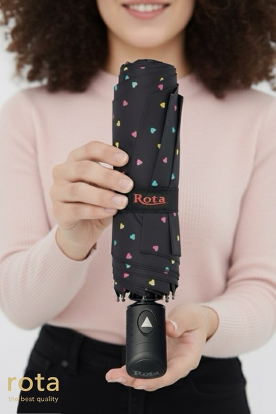 ROTA Rüzgara Dayanıklı 10 Telli Yarım Otomatik Fiber Telli Otomatik Açılır Şemsiye - 3030W - Kalpli siyah