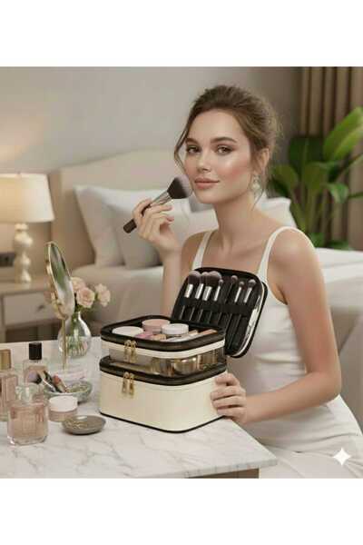 UYDEE Makyaj Çantası Makyaj Kutusu Makyaj Malzemeleri Taşıma Çantası Bej Çanta Kişisel Bakım