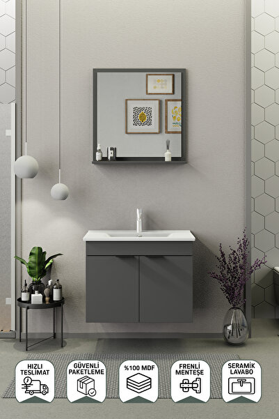 BİANİ FİX Arya 75 Cm Mat Gri Banyo Dolabı