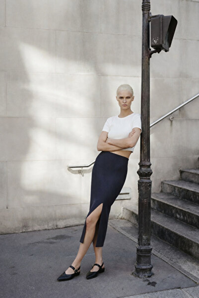 Wear Three Points Spirit - Fitilli Modal Kumaş Comfort Fit Yırtmaç Detaylı Basic Midi Etek Antrasit