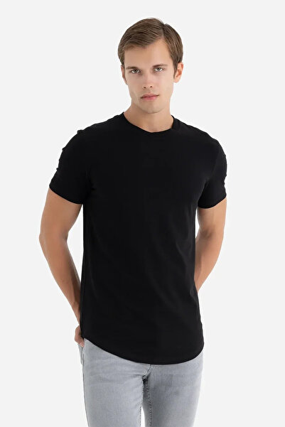 BAFK Ad Erkek Siyah %95 Pamuk %5 Elastan Regular Fit Oval Kesim Bisiklet Yaka Basic Tişört