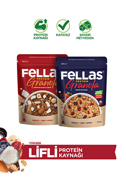 Fellas Protein Granola 2'li Mix Paket - Hindistan Cevizi & Kakao (270 g) + Kırmızı Meyveli (270 g)