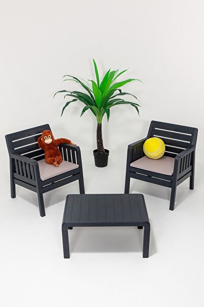 MOBETTO Lara 1 1 S /2 Kişilik Minderli Bahçe Balkon Oturma Takımı - Antrasit