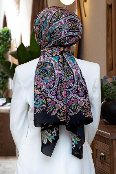 Vissona 100% İpek Etro Desenli Siyah - Mürdüm Renkli 92x210 Şal