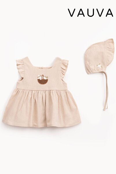 Vauva Yazlık Elbise Kız Çocuk Elbise %100 Pamuk Yazlık Keten Elbise