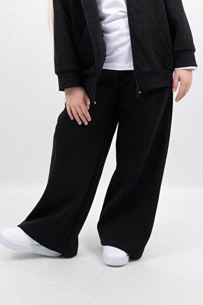 VAUVA Kız Çocuk Siyah Loose Fit Esofman Altı Cepli Geniş Paça Okul Eşofmanı