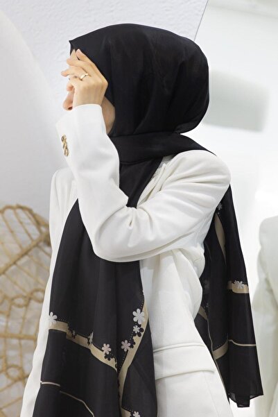 Vissona 100% Mătase Motiv Floral Negru - Culoare Bej 92x210 Şal