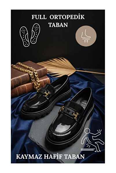 Slipcat Kadın Kalın Taban Ortopedik Comfort Taban Deri Görünümlü Loafer – Siyah