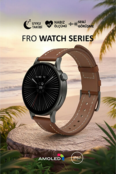 FRO Lw-38v Kompakt Şık Akıllı Saat Siyah Kasa Kahverengi Kordon Sesli Görüşme Özellikli