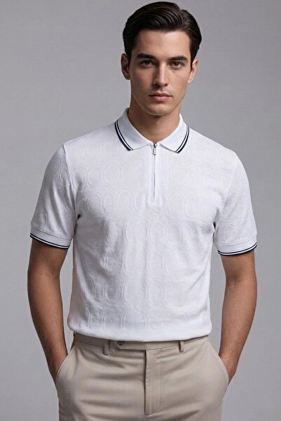 Sabri Özel Fermuarlı Polo Yaka Erkek T-Shirt Beyaz
