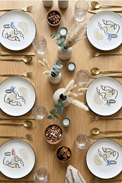 Arma House 6'lı Yüz Figürlü Seramik Pasta Tabağı Seti Modern Sunum Servis 21cm
