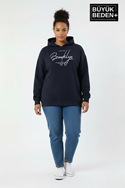 Süperlife Women's Plus Size Hooded Handwritten Brooklyn Printed Thin Sweatshi...