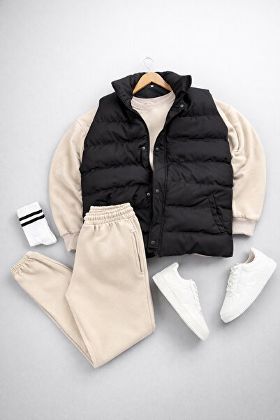 tetramoda Vestă umflată căptușită și trei fire Compact guler rotund din bumba...