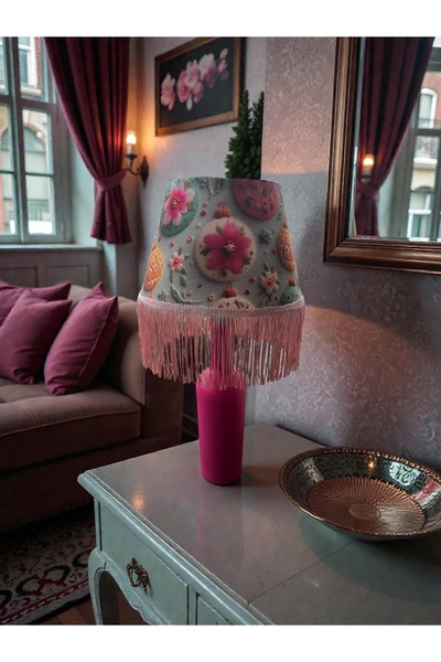 MAİSON ALİSA HandMade Dekoratif Küçük Boy 48 cm Pembe Noel Saçaklı Abajur Mas...