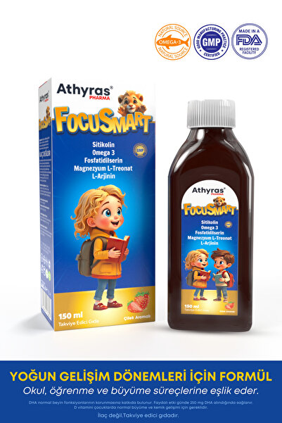 Athyras Pharma FocuSmart Balık Yağı Çocuk Şurubu 150 ml – Omega-3, Sitikolin, Fosfatidilserin, L-Arjinin