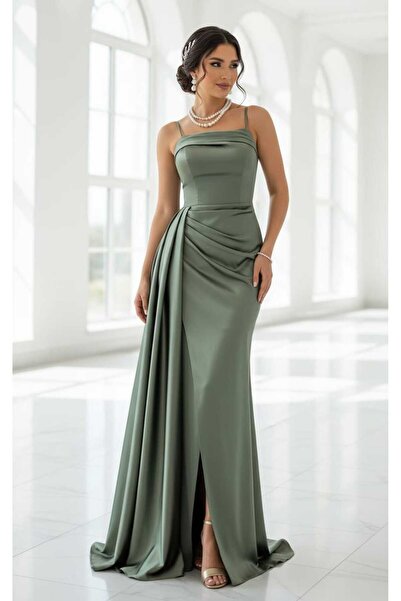 VELİSİA yakası pileli haki saten Abiye Elbise