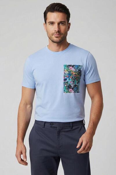 Sabri Özel Baskılı Bisiklet Yaka Erkek T-Shirt Mavi