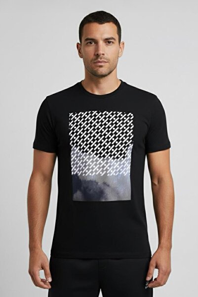 Sabri Özel Siyah Slim Fit %100 Pamuklu Baskılı Bisiklet Yaka Erkek Tişört