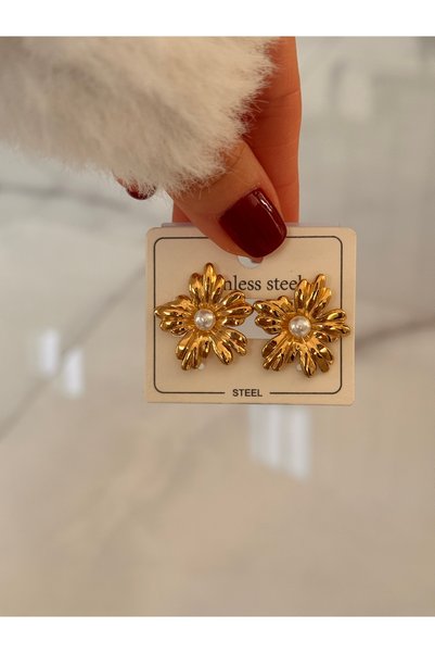 HERCY 316 L Stainless Steel Flower Earrings |   Small Size Flower Earrings with Pearls |   Steel Gold Women's Earrings