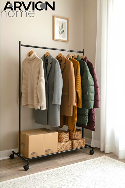 ARVİONHOME SİYAH Pratik Tekerlekli Konfeksiyon Askısı - Kıyafet Standı ve Org...