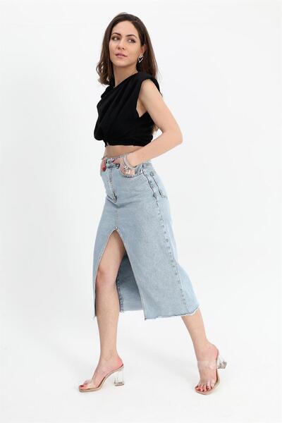 VAPUR TEKSTİL Tasseled Blue Denim Skirt - Front Slit
