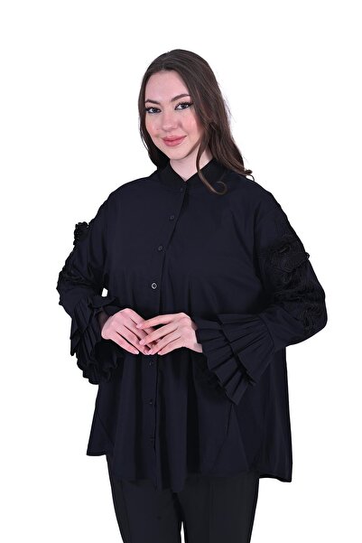 Invee Invee 7020 Lace Detailed Ruffle Black Shirt