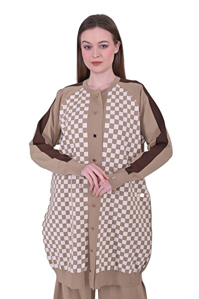 Invee Checkered Knitwear Cardigan Camel