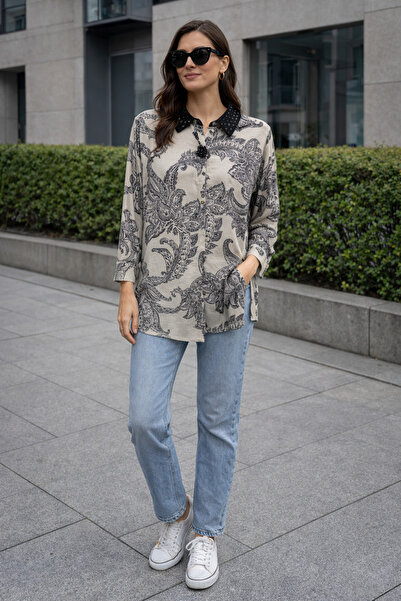 FUAT GÜRSEN Ethnic Patterned Linen Tunic with Laced Collar