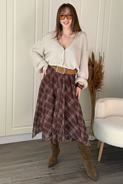 Dilay Gökoğlu Butik Ekose Asimetrik Şifon Zarif Midi Kahverengi Etek