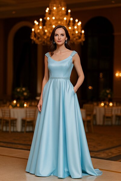 Neva Style Boncuk Detaylı Bebek Mavisi Saten Bulava Abiye Elbise 44260BM