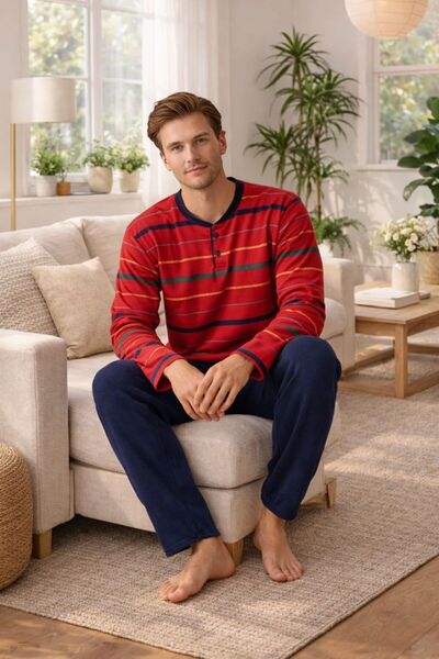 nisaNCa طقم بيجامة قطبية مخططة للرجال