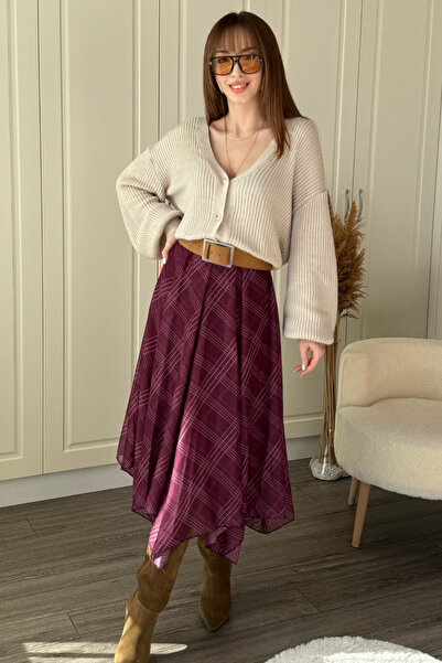 Dilay Gökoğlu Butik Ekose Asimetrik Şifon Zarif Midi Bordo Etek