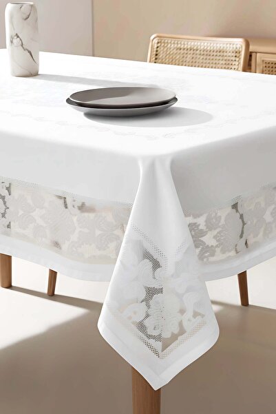 Rivaİstanbul Față de masă Jumbo Jacquard albă, rezistentă la pete, 160x220 cm