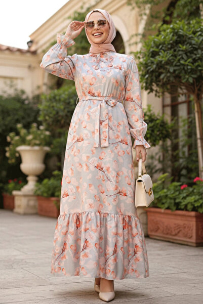 Neva Style فستان حجاب برتقالي منقوش بالزهور 60901T