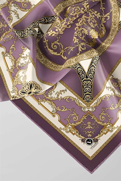 VİOLLA Twill Barok Desenli Lila Renkli 90x90 Eşarp (İpek İçermez) Kenar Dikiş...