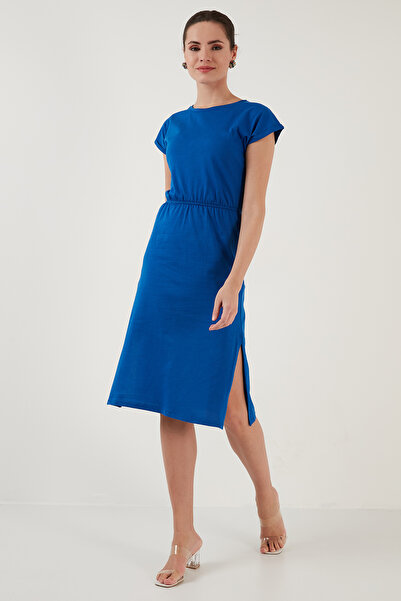 Lela Βαμβακερό κοντομάνικο μίντι φόρεμα με διπλό σκίσιμο 5864205