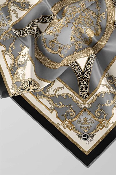 VİOLLA Twill Barok Desenli Gri Renkli 90x90 Eşarp (İpek İçermez) Kenar Dikiş Şekli El Dikişli