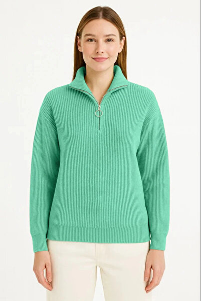 mzpkartan سترة نسائية محبوكة بسحاب نصفي – تريكو سالونيك، ياقة عالية، نسيج قطني، مقاس كبير بأكمام طويلة للشتاء