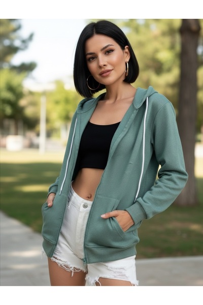 Miyalon Kadın Renk Kapüşonlu Fermuarlı Sweatshirt