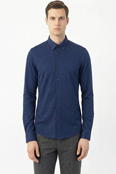 Sabri Özel Lacivert Slim Fit %100 Pamuklu Düğmeli Yaka Gömlek