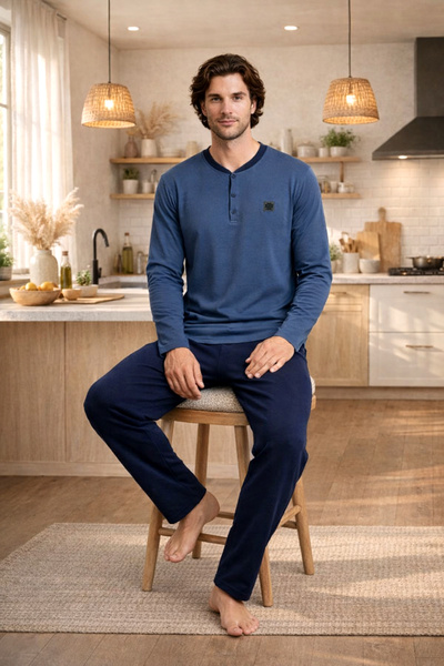 nisaNCa طقم بيجامة رجالي بأكمام طويلة مصنوع من قماش الإنترلوك القطني 100% - تصميم مريح