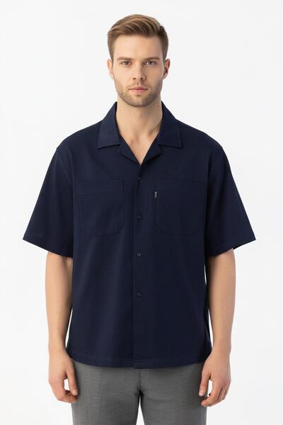 Sabri Özel Koyu Lacivert Standart %100 Keten Apaş Yaka Gömlek