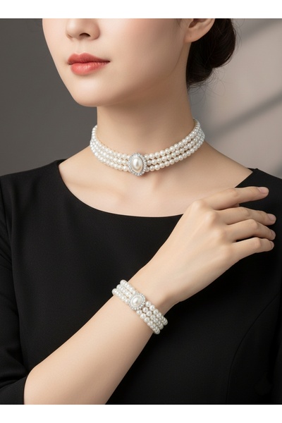 BagsMadame İncili gümüş kaplama tasma choker kolye bileklik takım özel tasarı...