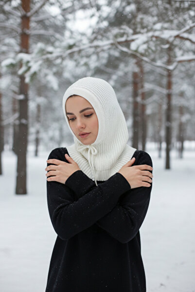 Onur قبعة - قبعة تريكو كريمية بالاكلافا قبعة محبوكة بغطاء للرأس تحافظ على الدفء في الشتاء