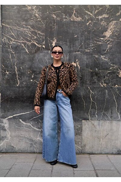 FLEX FASHION Kadın Bisiklet Yaka Leopar Desenli trend popüler Hırka