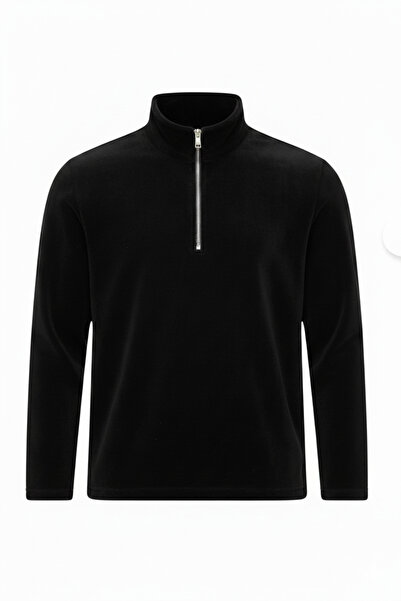 VEGA PORT سويت شيرت أسود من الصوف نصف سحاب معدني مقاس قياسي مقاس عادي