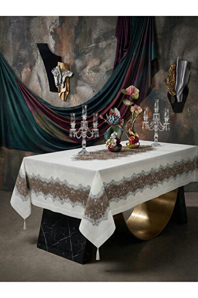 Finezza Meltem Baskılı Keten Kumaş Kreme Kahve Masa Örtüsü 160x220 Cm - 1142