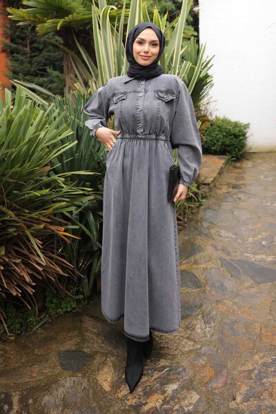 İmajButik لون مدخن - فستان من الدنيم بأزرار على الياقة وخصر مطاطي